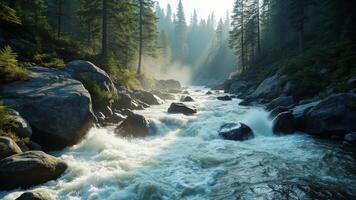 A river flowing through a forest with rocks and trees photo