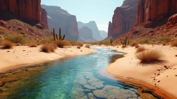 A river in the desert with cactus plants photo