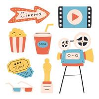 Set of cinema elements. illustration. Flat style. Collection of objects for cinema. vector
