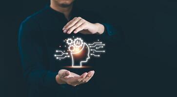 Ai technology, Artificial Intelligence concept. Businessman hold and using AI technology to generates something and analyze big data, Futuristic technology transformation. Chat with AI photo