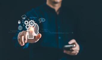 Man using AI tools with smartphone. Concept of Artificial Intelligence technology smart robot and innovation futuristic, Cybersecurity global connection access to information and data online network photo