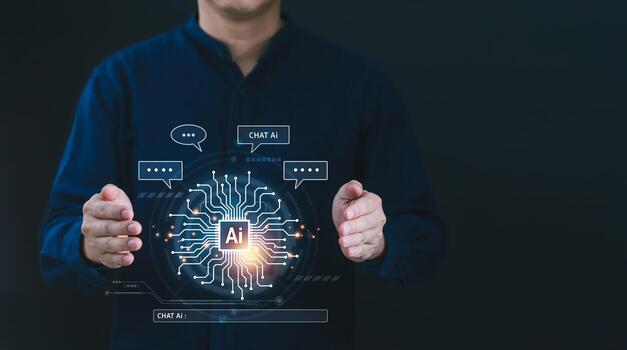 Ai technology, Artificial Intelligence concept. Businessman hold and using AI technology to generates something and analyze big data, Futuristic technology transformation. Chat with AI photo