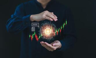 Stock market trading with AI Artificial Intelligence technology concept, Digital technology strategy for business growth, Financial investment stock market by AI. Virtual assistant on internet. photo