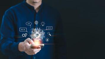 Man using AI tools with smartphone. Concept of Artificial Intelligence technology smart robot and innovation futuristic, Cybersecurity global connection access to information and data online network photo