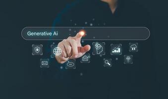 Concept of artificial intelligence AI and futuristic digital technology. Man using application to contents, story, images. Chat with smart robot AI and command prompt photo