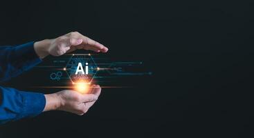 Ai technology background with copyspcae, Artificial Intelligence concept. Businessman using AI technology to generates something and analyze big data, Futuristic technology transformation photo