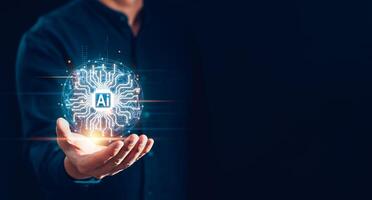 AI Artificial Intelligence concept. Man using AI technology to generates something and analyze big data, Futuristic technology transformation background with copyspace photo