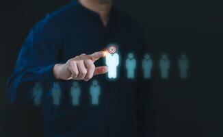 HR, or CRM. Human resource management, Concept of company service to recruit customers, network links worldwide, hiring, and recruitment process manage people and business on technology digital photo