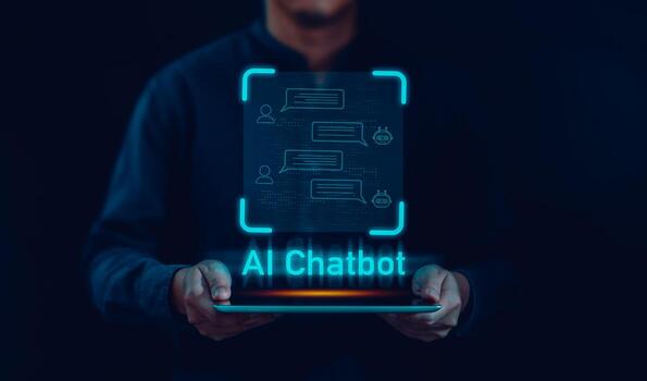 Businessman using tablet for digital chatbot, chat AI, robot application, conversation assistant, Ai Artificial Intelligence technology online customer service, digital chatbot on virtual screen photo