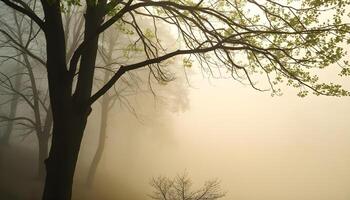 Tall trees with sparse leaves stand against a thick fog, creating a tranquil atmosphere near a still body of water during a serene spring morning. photo