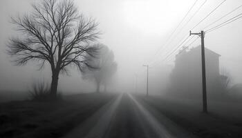 A desolate road stretches into the distance, flanked by bare trees and an abandoned house, enveloped in thick fog that creates a mysterious, eerie atmosphere. photo