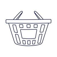 Cute doodle plastic shopping basket with handles to carry products and purchases from grocery, supermarket, store. Empty basket with outline as shop and sale concept isolated on background vector