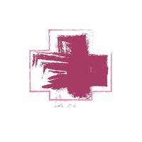 a bold, abstract design resembling a cross shape. The central area of the cross is filled with a deep burgundy color, applied with a textured brushstroke. vector