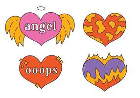 Groovy doodle set with hearts in Y2k aesthetic with lettering Angel. Oops, in flame, cow pattern, . Retro love symbol from 90s and 00s. Hand drawn simple heart with print. Nostalgia for 1990s vibe. vector
