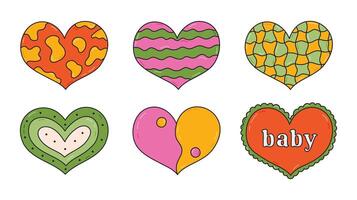 Groovy doodle set with hearts in Y2k aesthetic with cow, wavy, pattern, checkered pattern, lettering Baby. Retro love symbol from 90s and 00s. Hand drawn Nostalgia heart with hand drawn outline. vector