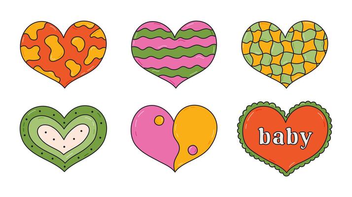Groovy doodle set with hearts in Y2k aesthetic with cow, wavy, pattern, checkered pattern, lettering Baby. Retro love symbol from 90s and 00s. Hand drawn Nostalgia heart with hand drawn outline.