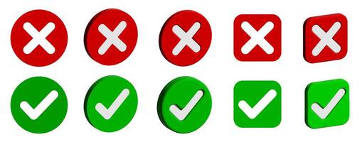 3D right and wrong buttons. 3D Cross and check mark icons round buttons. vector