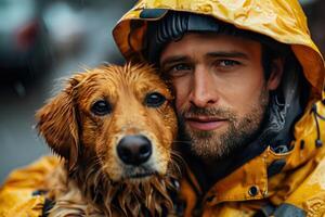 Rescuer with a dog in a flood, a man in a yellow uniform with a scared animal in the water. photo