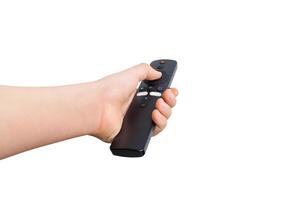 Hand holding a simple remote control with minimal buttons, isolated on a white background. Perfect for various themes and customizable backgrounds photo