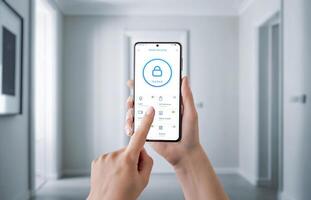 Hand holding a smartphone with a security app interface, controlling home safety features like door lock, surveillance camera, and alarms. Concept of modern security, remote monitoring photo