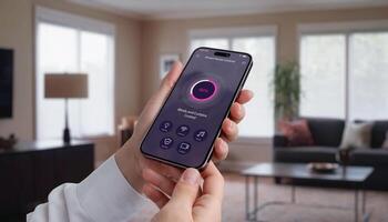 Controlling blinds and curtains in the living room using a mobile app. Woman's hand with smartphone, modern home automation for light control and privacy photo