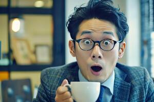 Surprised Young Asian Man Enjoying Coffee in Caf Setting photo