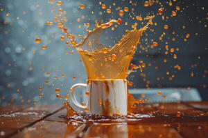 café derrames en de madera mesa, creando sucio lío con salpicaduras foto
