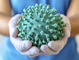 A pair of hands wearing latex gloves are holding a virus model photo