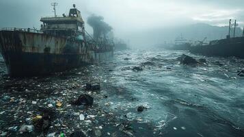 A rusty ship sits in a harbor filled with trash and debris. photo