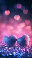 Two soft velvet hearts resting on a sparkling glitter surface, surrounded by glowing heart bokeh in the background, dreamy atmosphere with pink and purple tones photo
