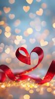 Red ribbon twisted into heart shapes on a sparkling background, surrounded by soft golden lights and gentle heart-shaped bokeh photo