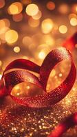 Red ribbon twisted into heart shapes on a sparkling background, surrounded by soft golden lights and gentle heart-shaped bokeh photo