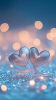 Elegant ribbon shaped into two intertwined hearts, placed on glittery surface, surrounded by subtle heart-shaped bokeh lights and glowing fairy lights in the background, soft and dreamy pastel colors photo