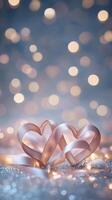 Elegant ribbon shaped into two intertwined hearts, placed on glittery surface, surrounded by subtle heart-shaped bokeh lights and glowing fairy lights in the background, soft and dreamy pastel colors photo