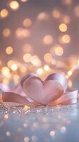 Elegant intertwined heart ribbons on a sparkling floor, with floating heart bokeh and warm fairy lights in the background, soft pastel hues photo