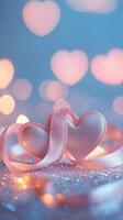 Elegant ribbon shaped into two intertwined hearts, placed on glittery surface, surrounded by subtle heart-shaped bokeh lights and glowing fairy lights in the background, soft and dreamy pastel colors photo