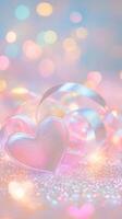 Delicate heart-shaped ribbons intertwined on a sparkling glitter surface, surrounded by gentle pastel heart-shaped bokeh and warm fairy lights photo