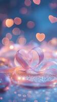Delicate heart-shaped ribbons intertwined on a sparkling glitter surface, surrounded by gentle pastel heart-shaped bokeh and warm fairy lights photo