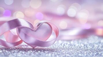 Two intertwined hearts created from delicate satin ribbon, placed on a silver glittering surface with soft pink and purple bokeh in the background photo