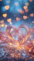Delicate heart-shaped ribbons intertwined on a sparkling glitter surface, surrounded by gentle pastel heart-shaped bokeh and warm fairy lights photo