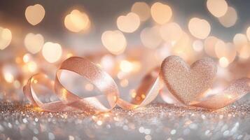 Delicate heart-shaped ribbons intertwined on a sparkling glitter surface, surrounded by gentle pastel heart-shaped bokeh and warm fairy lights photo