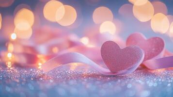 Delicate heart-shaped ribbons intertwined on a sparkling glitter surface, surrounded by gentle pastel heart-shaped bokeh and warm fairy lights photo