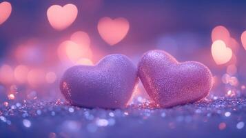 Two soft velvet hearts resting on a sparkling glitter surface, surrounded by glowing heart bokeh in the background, dreamy atmosphere with pink and purple tones photo