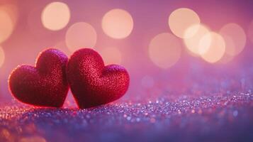 Two red velvet hearts on a glowing glitter surface, heart-shaped bokeh softly floating above, warm romantic tones of pink and purple photo