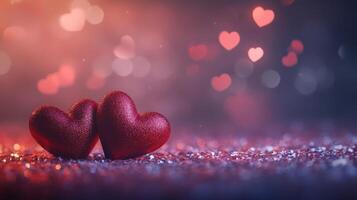 Two red velvet hearts on a glowing glitter surface, heart-shaped bokeh softly floating above, warm romantic tones of pink and purple photo