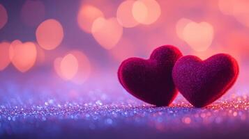 Two red velvet hearts on a glowing glitter surface, heart-shaped bokeh softly floating above, warm romantic tones of pink and purple photo
