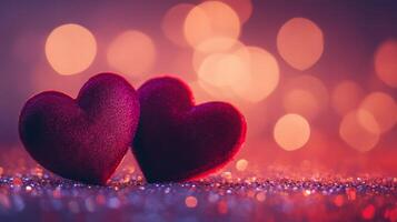 Two red velvet hearts on a glowing glitter surface, heart-shaped bokeh softly floating above, warm romantic tones of pink and purple photo