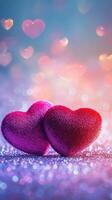 Two red velvet hearts on a glowing glitter surface, heart-shaped bokeh softly floating above, warm romantic tones of pink and purple photo