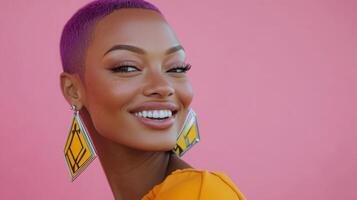 Portrait of a woman with shaved purple hair, wearing large geometric earrings, smirking against a pastel pink background photo