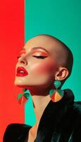Stylish woman with bold earrings, shaved head, and vibrant makeup, posing with a quirky expression in front of a bright solid color background photo